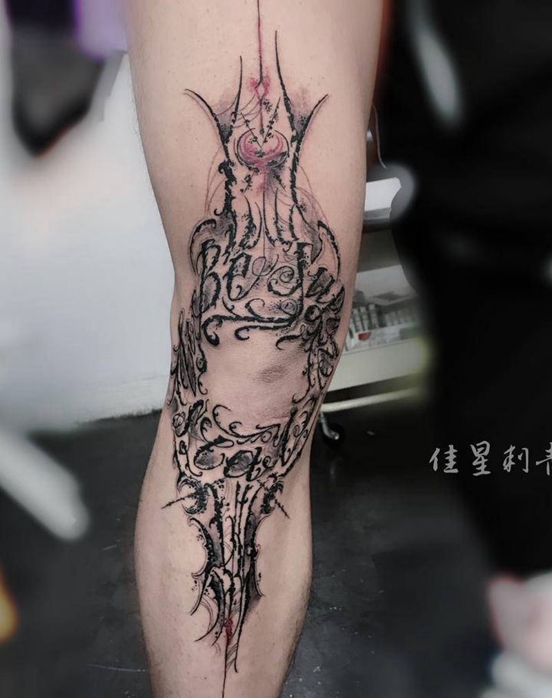 花体英文设计上身纹身图片_腿部花体字纹身图案