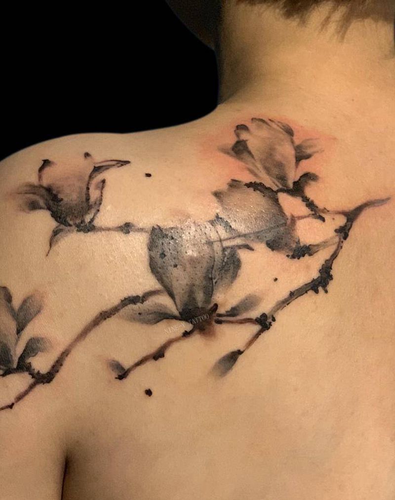 玉兰纹身图片_水墨纹身图案