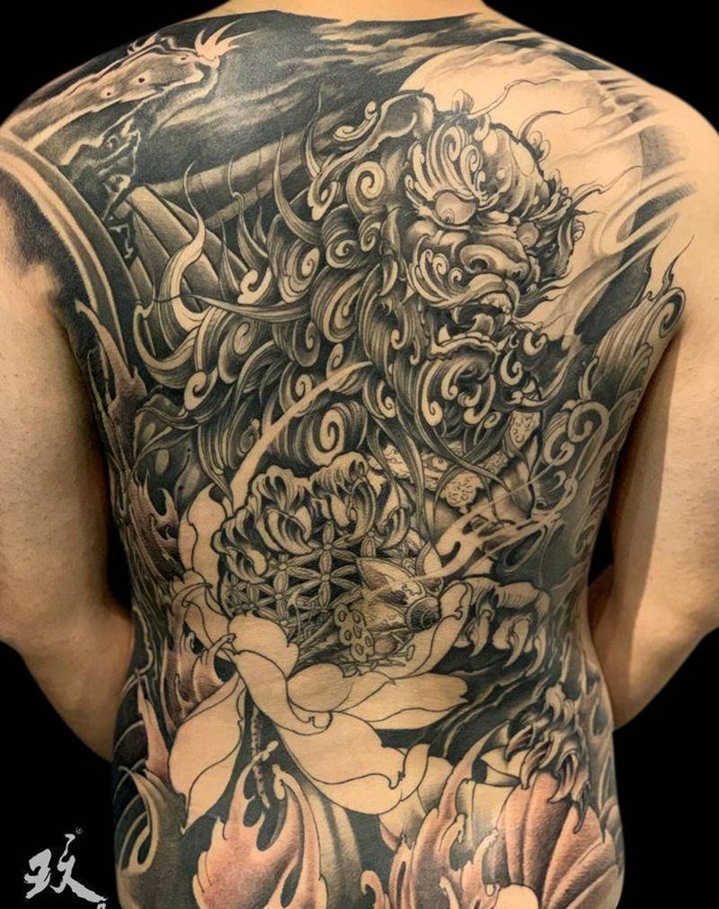 唐狮未完纹身图片_新传统纹身图案