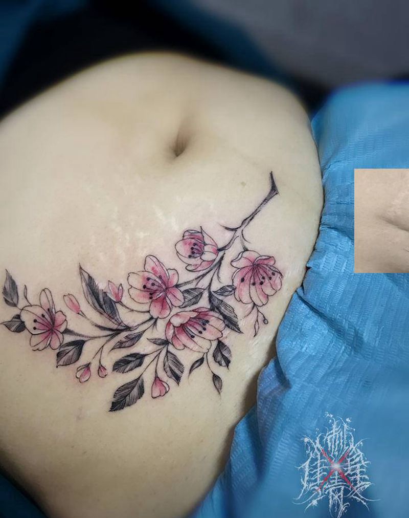 遮盖疤痕纹身图片_腹部点刺花纹身图案