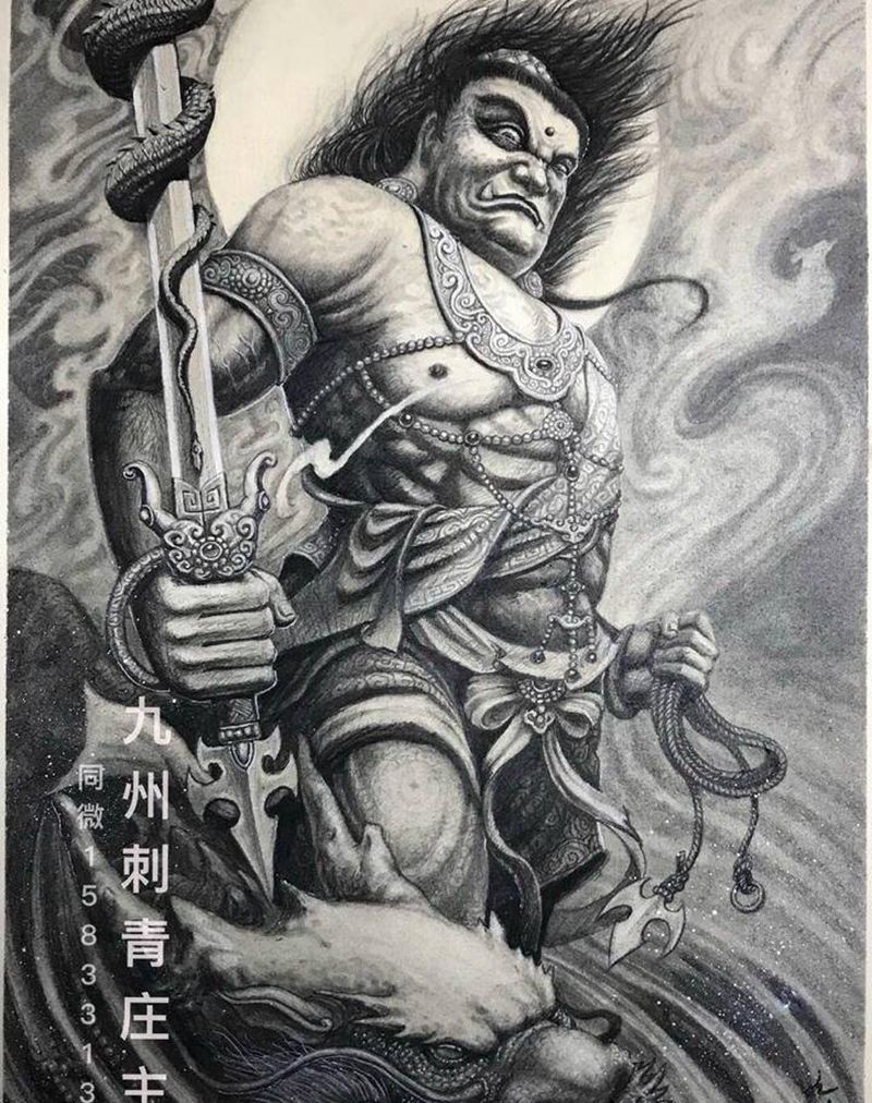 原创不动尊明王纹身图片_背部腿部新传统原创纹身图案