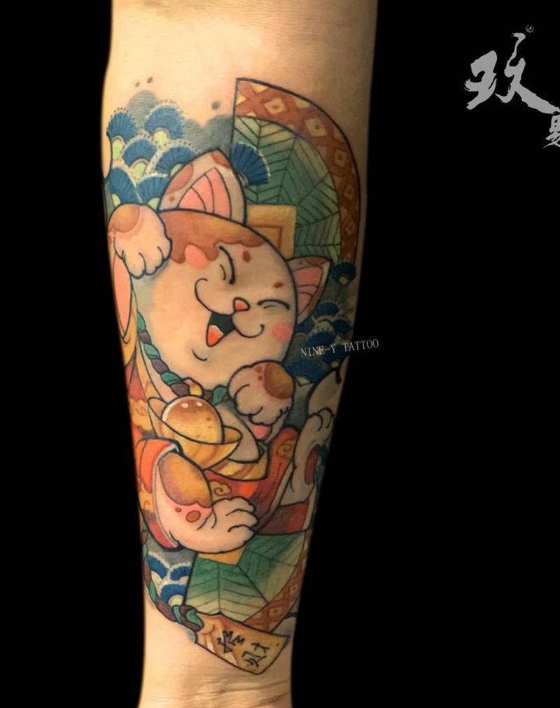 招财猫纹身图片_手臂新传统纹身图案