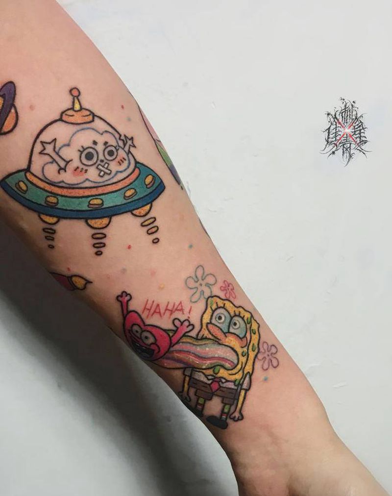 海绵宝宝 小飞船纹身图片_手臂纹身图案