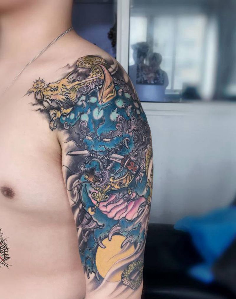 谛听纹身图片_手臂新传统纹身图案