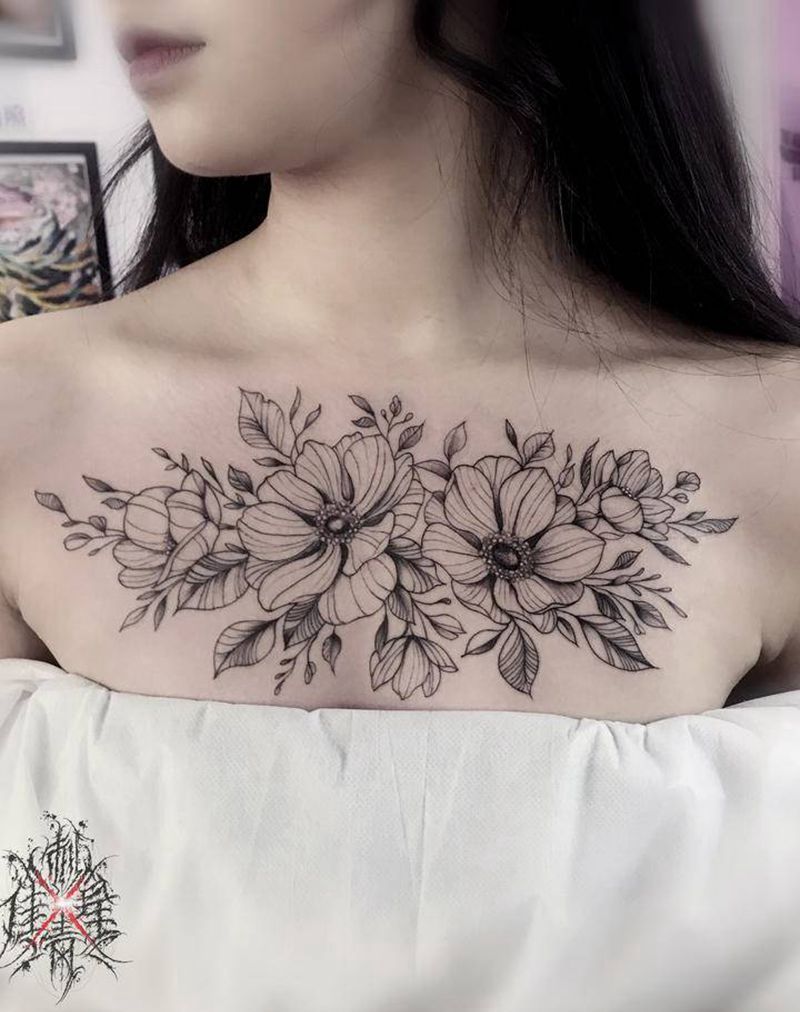素花花胸纹身图片_胸部纹身图案