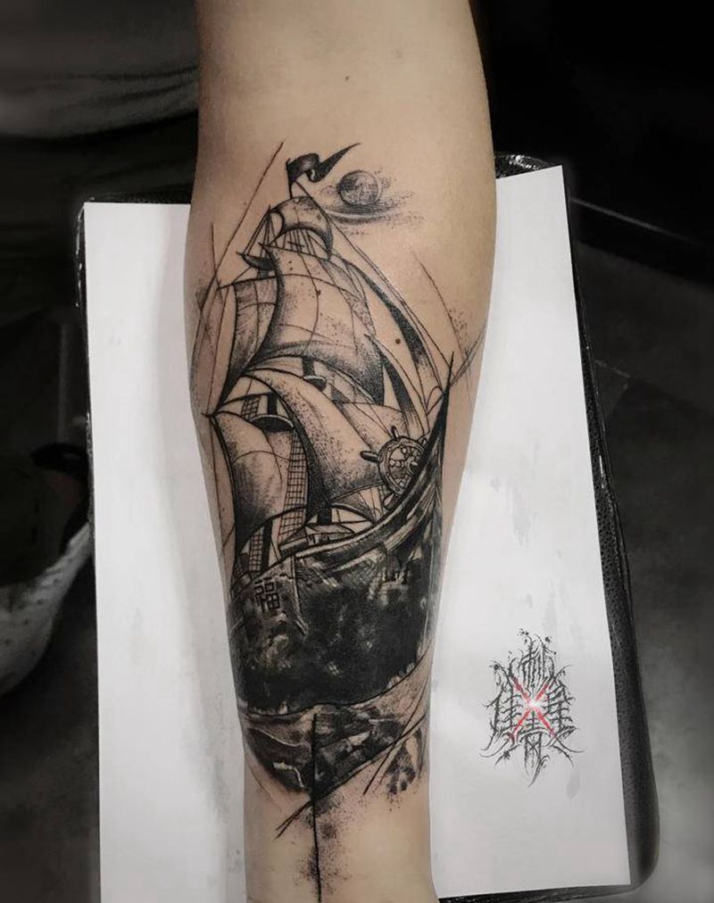 帆船纹身图片_手臂纹身图案