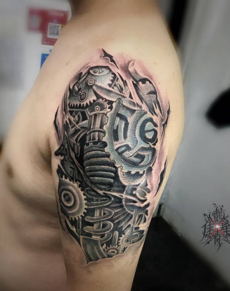 机械⚙️遮盖纹身图片_手臂欧美写实纹身图案