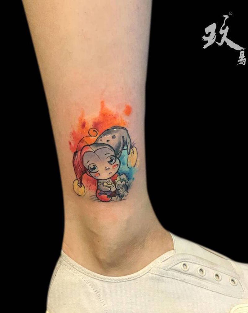 水彩小丑纹身图片_腿部水彩纹身图案