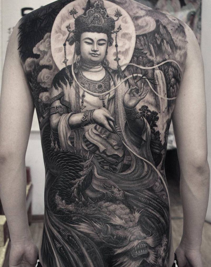 驭龙观音纹身图片_背部原创菩萨纹身纹身图案