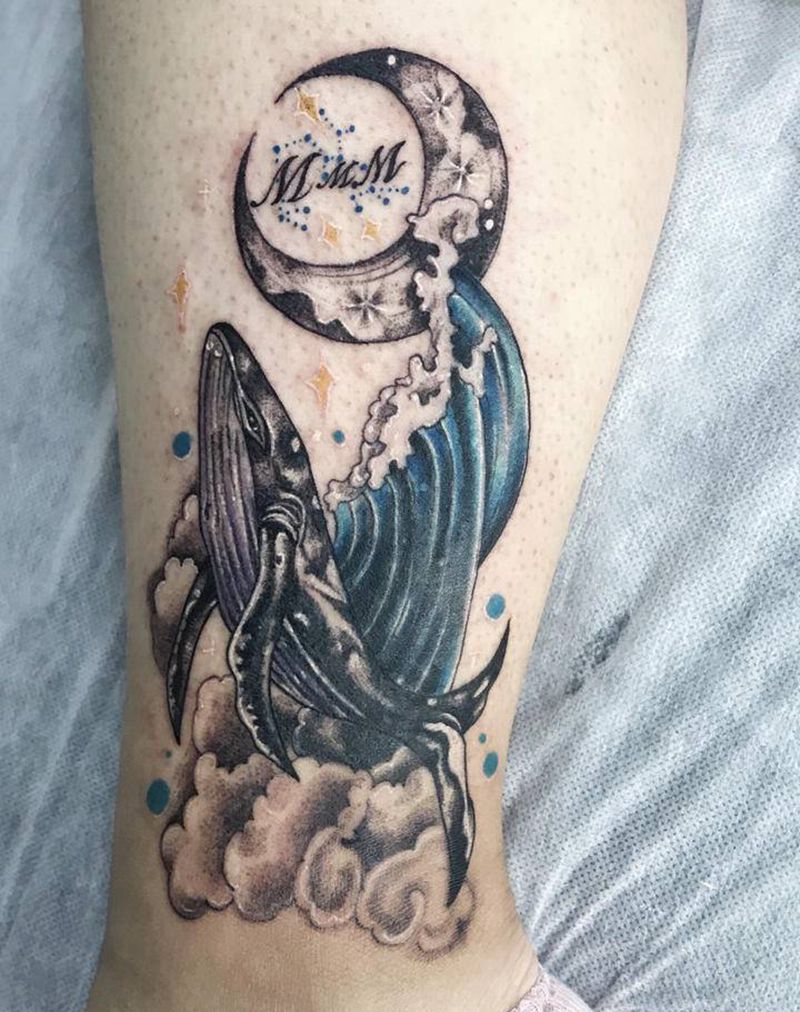 鲸鱼遮盖纹身图片_腿部纹身图案