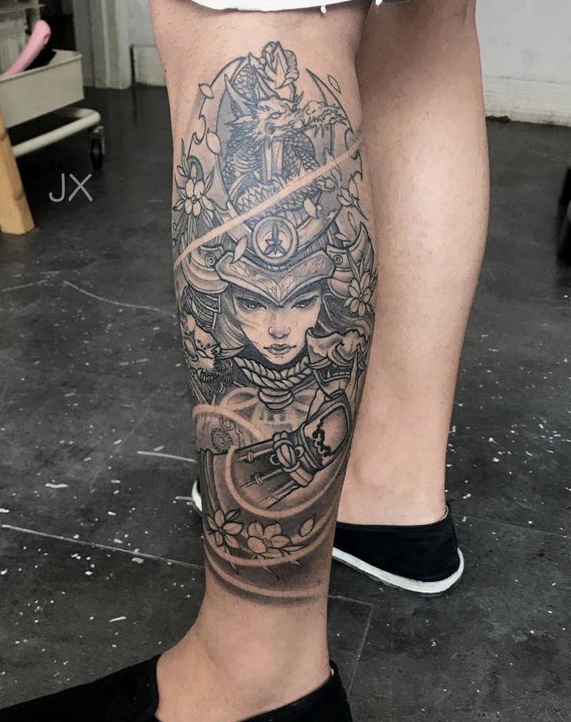 女武士恢复后纹身图片_腿部纹身图案
