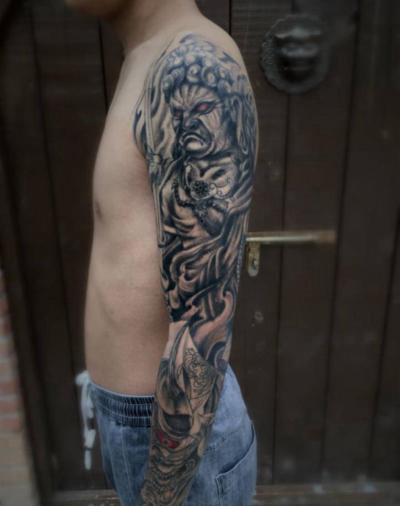 不动明王般若花臂纹身图片_手臂纹身图案