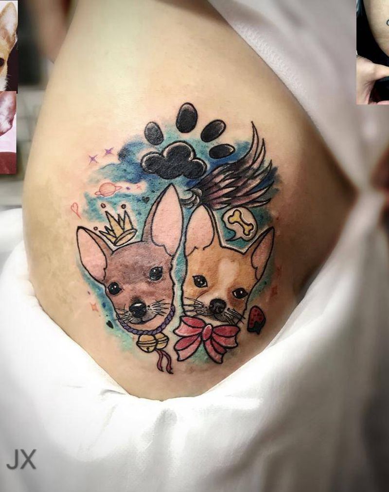 用自己家狗子遮盖一下纹身图片_腿部New School纹身图案