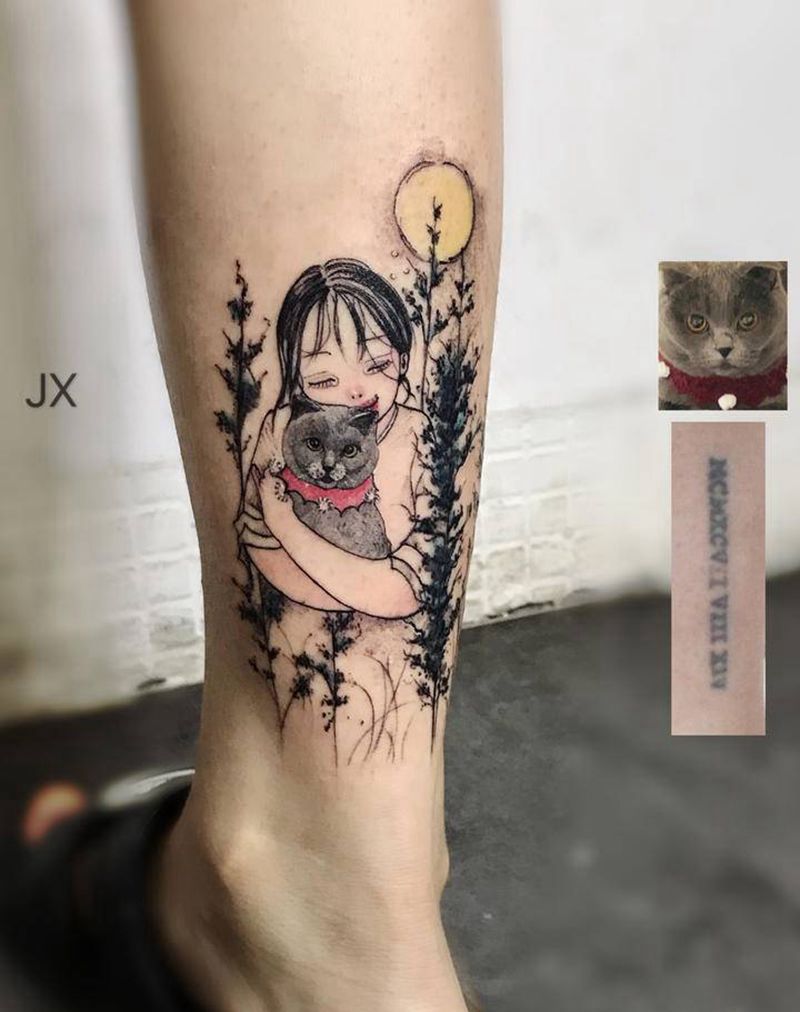 猫咪遮盖纹身图片_腿部纹身图案