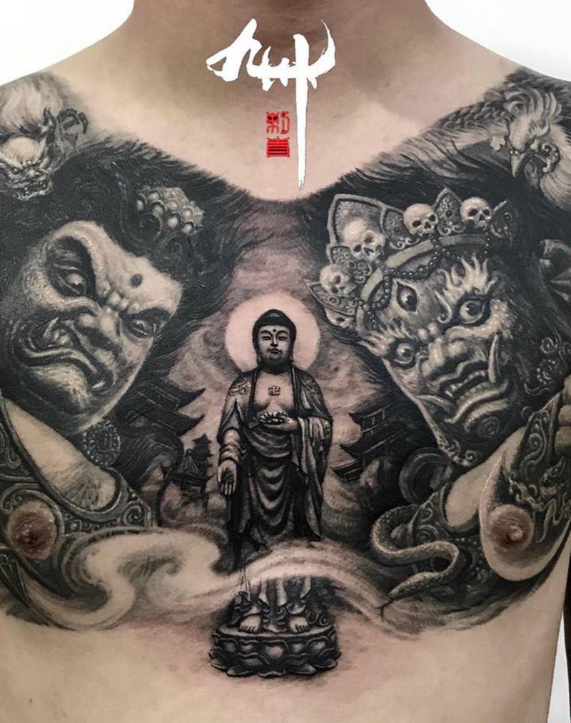 阿弥陀佛纹身图片_胸部原创纹身图案