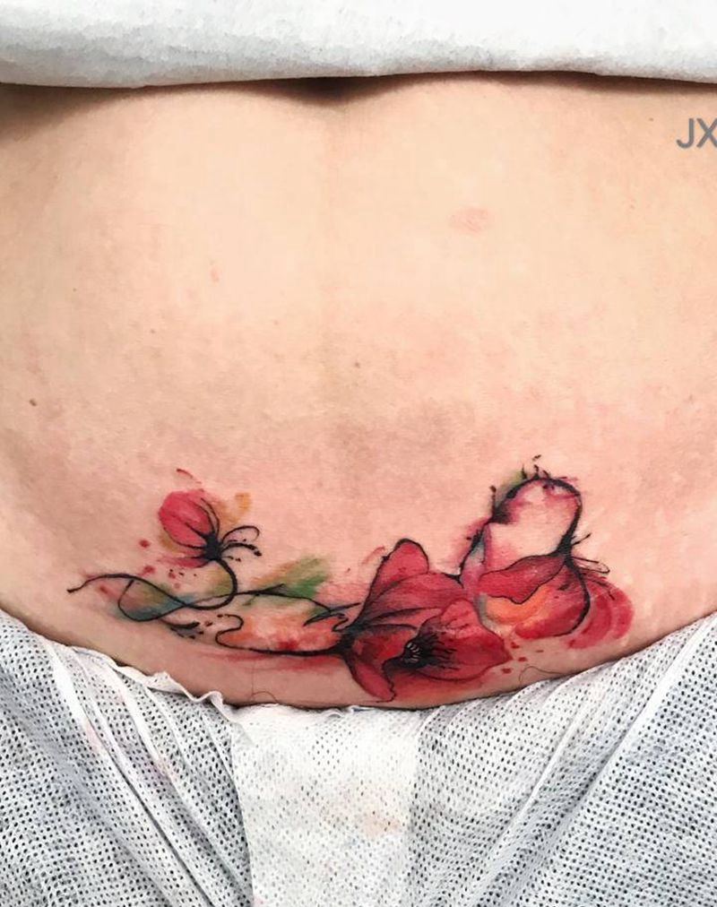 遮盖刨腹产疤痕纹身图片_腹部纹身图案