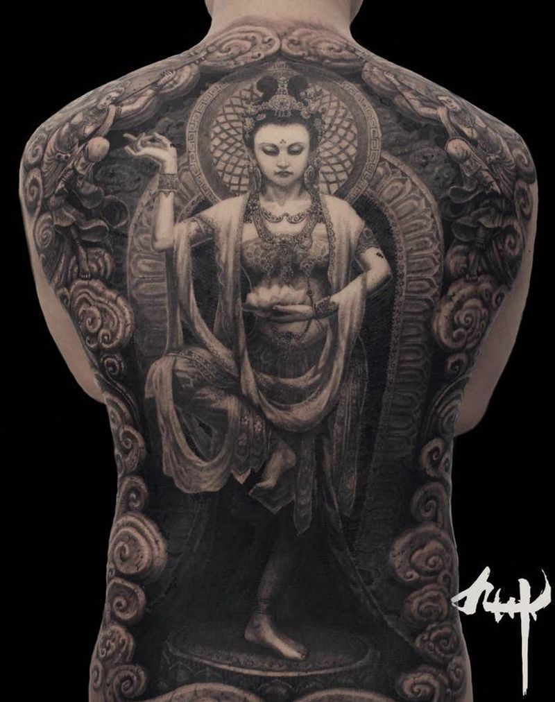 敦煌石窟纹身图片_背部满背敦煌飞天纹身图案