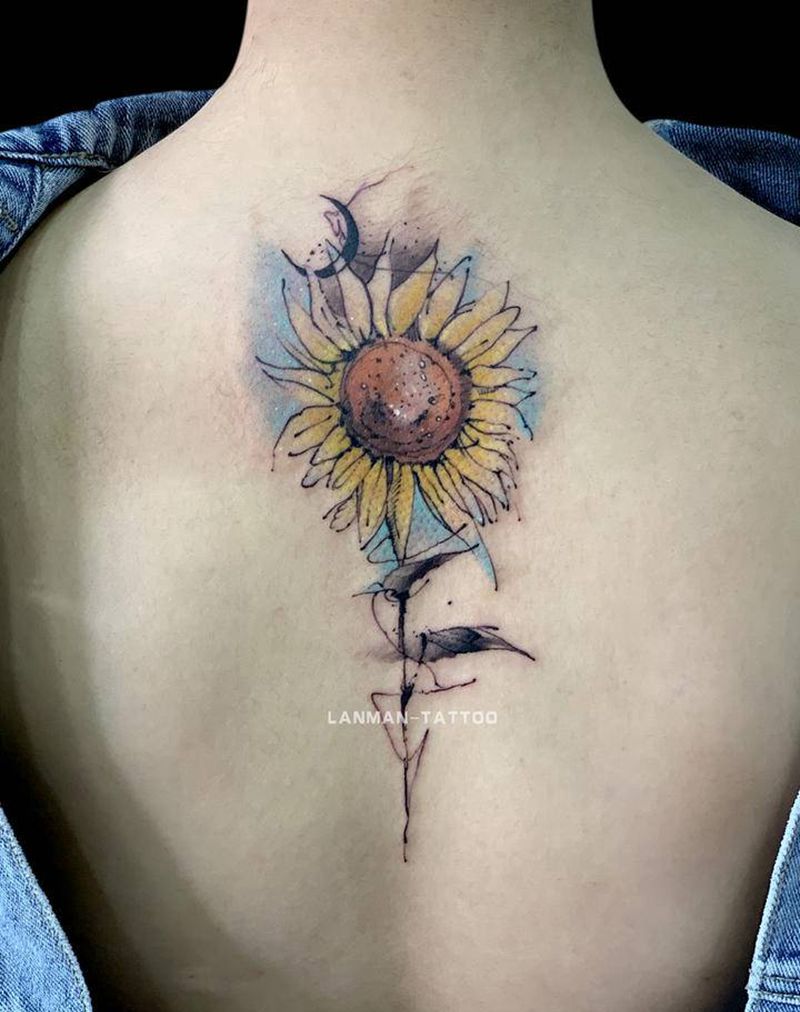 向日葵水彩纹身图片_背部水彩纹身图案