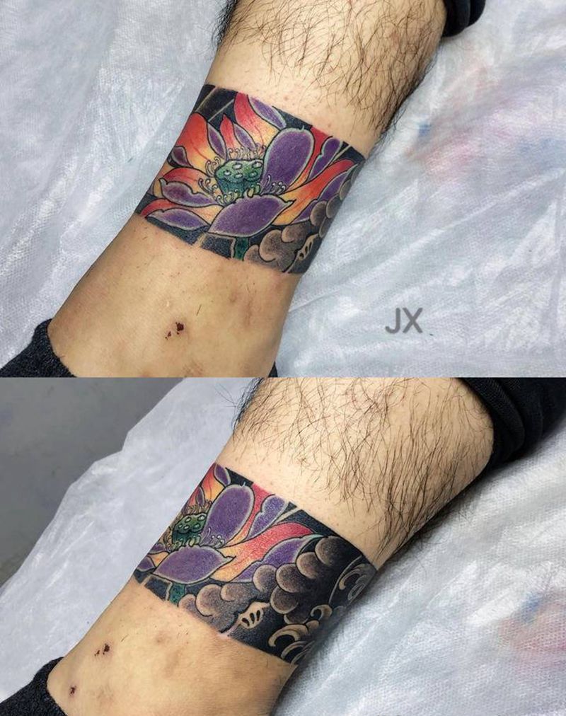 莲花脚环纹身图片_腿部老传统纹身图案