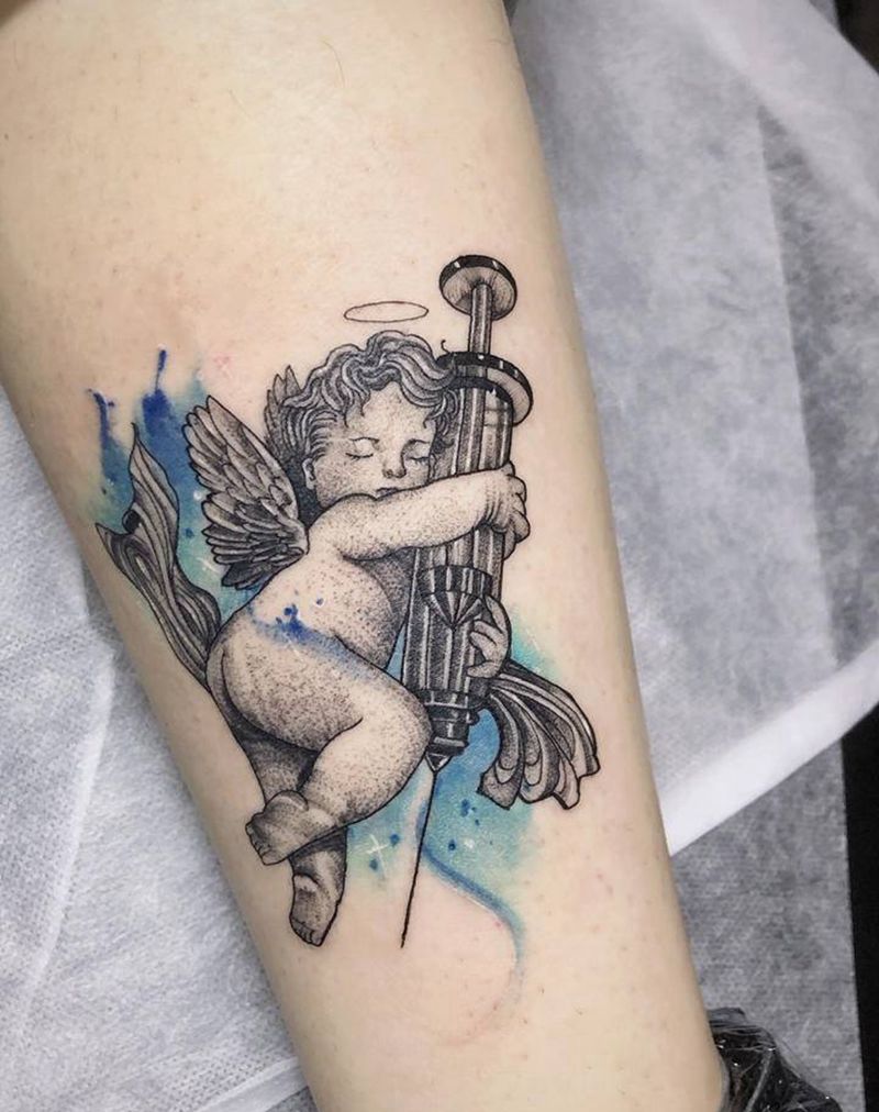 小天使完成✅纹身图片_腿部水彩点刺纹身图案