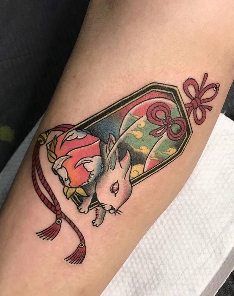 兔子福牌纹身图片_腿部老传统兔子纹身图案