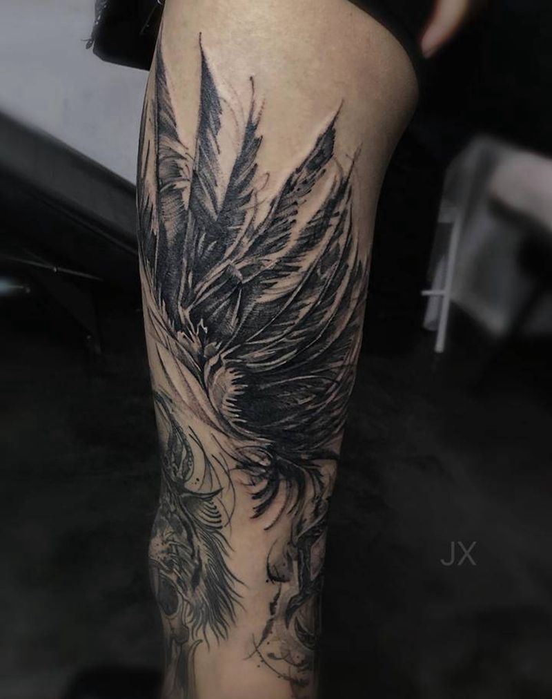 翅膀纹身图片_腿部纹身图案