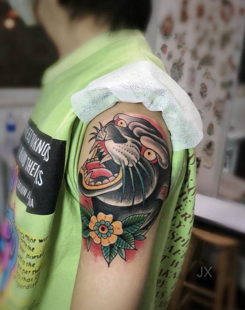 豹子纹身图片_手臂Old School纹身图案