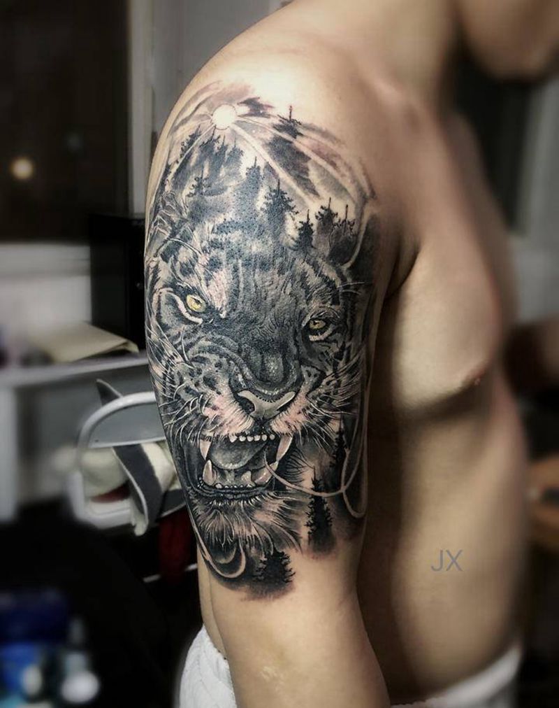 老虎纹身图片_手臂欧美写实纹身图案