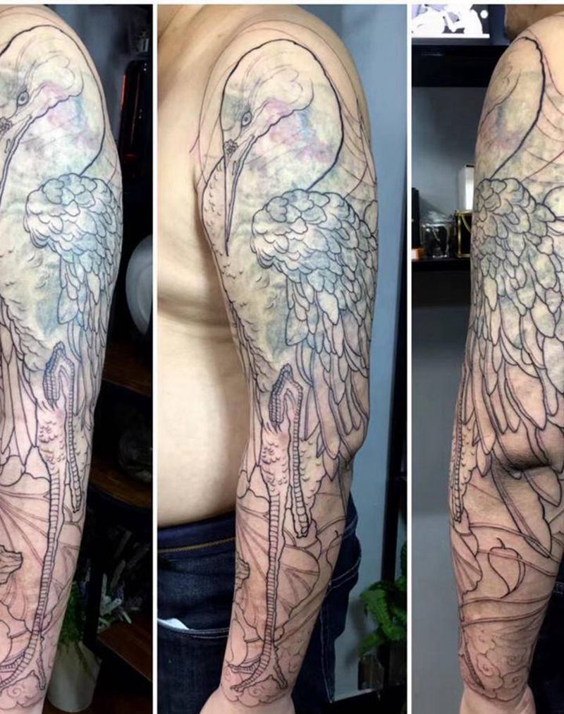 仙鹤丹顶鹤进度再续，遮盖作品。纹身图片_手臂手部纹身图案