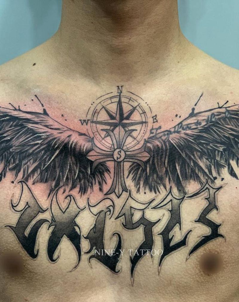 翅膀&花体纹身图片_胸部花体字纹身图案