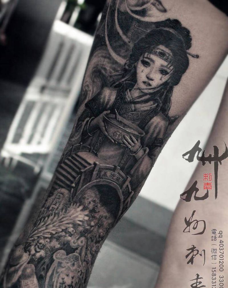 幽冥地府纹身图片_腿部原创黑白无常幽冥地府纹身图案