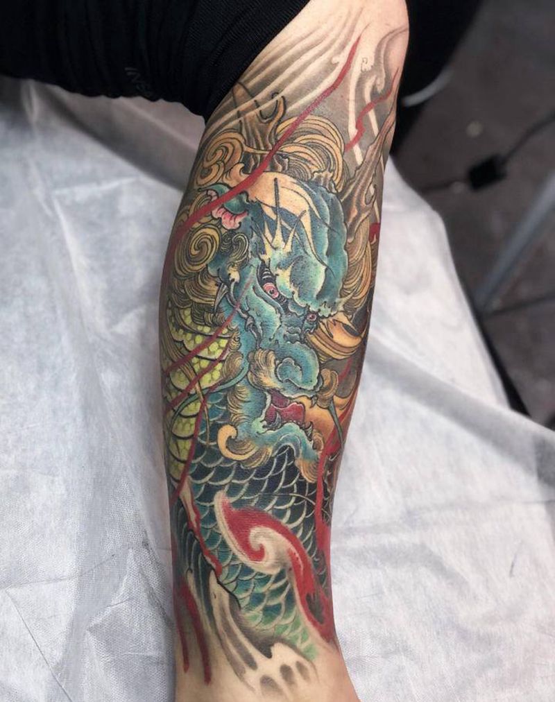 麒麟恢复后纹身图片_腿部新传统纹身图案