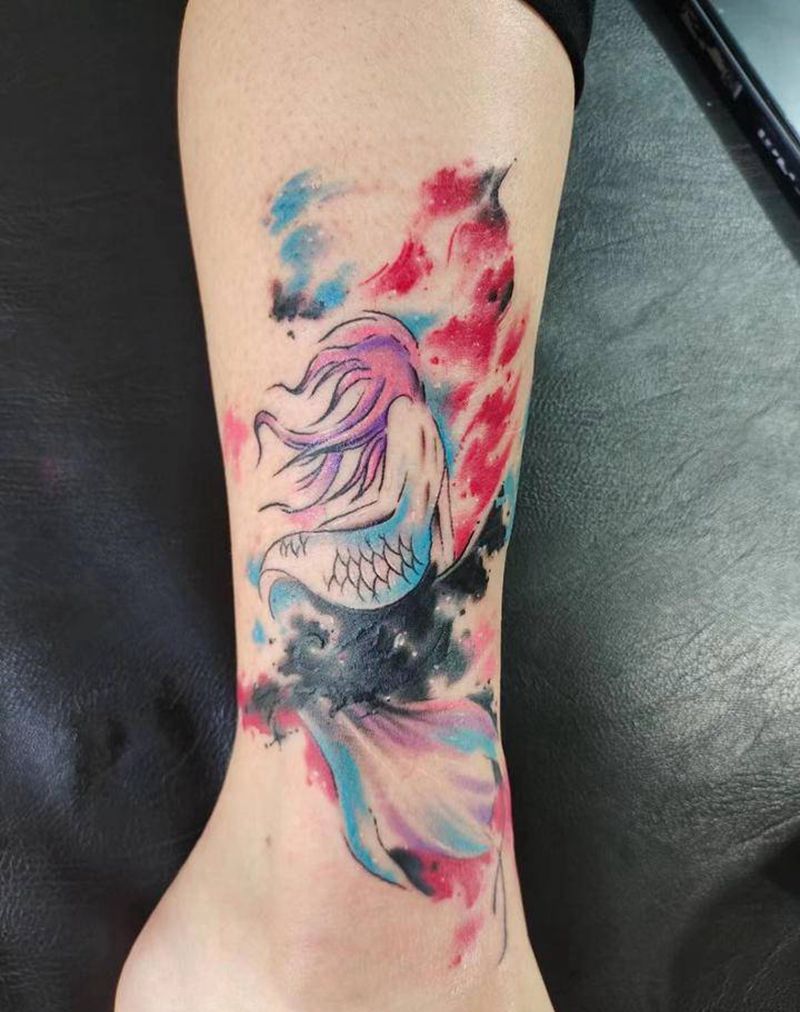 美人鱼遮盖纹身图片_腿部水彩纹身图案