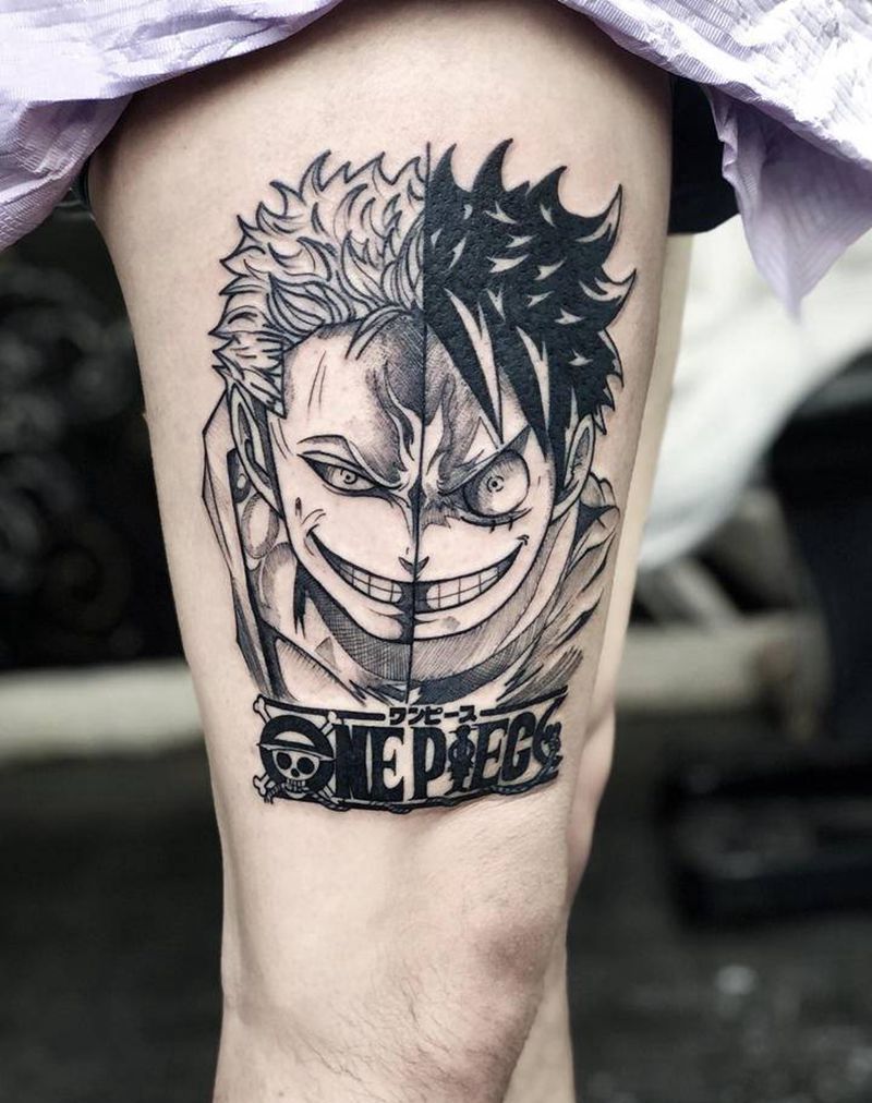 索隆路飞纹身图片_腿部纹身图案