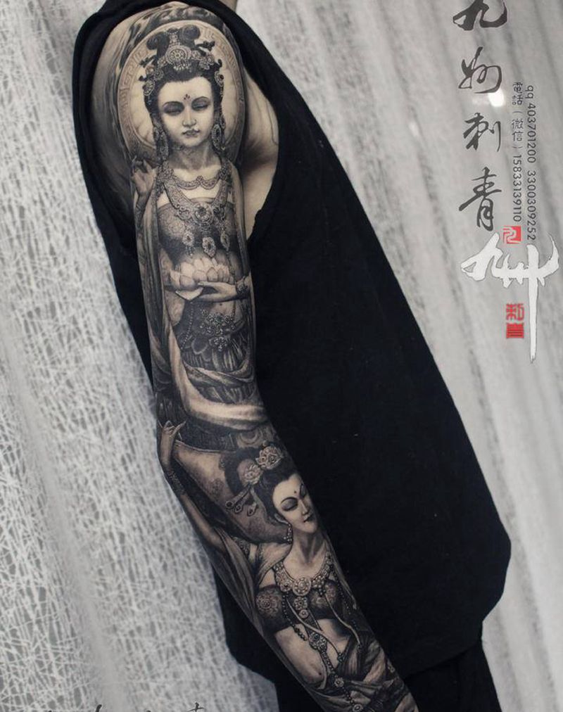 虚空藏菩萨纹身图片_花臂佛像古驰先生纹身图案
