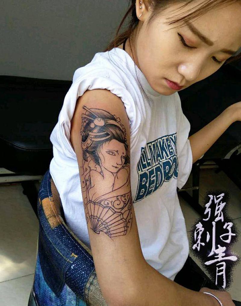 艺伎割线纹身纹身图片_手臂新传统纹身图案