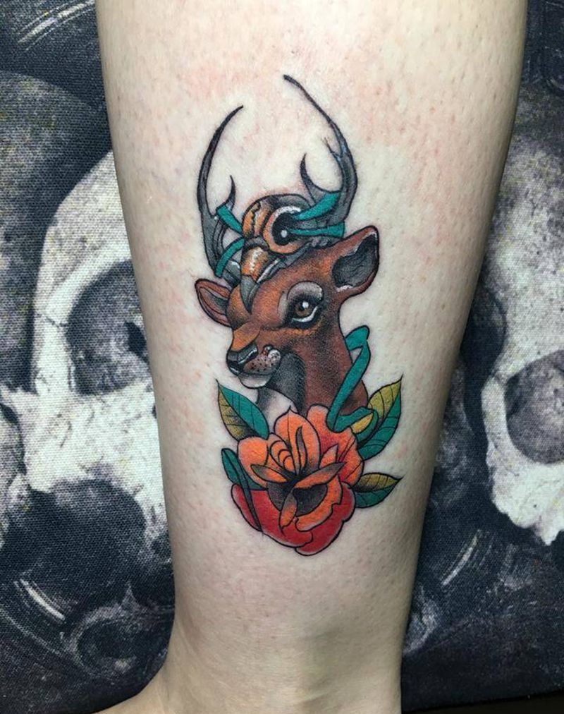 招财鹿纹身图片_腿部脚部纹身图案