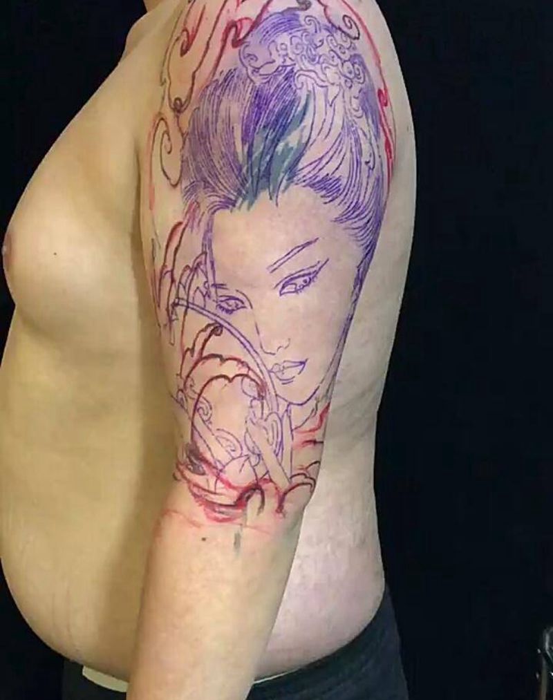 艺妓遮盖完成。纹身图片_肩部纹身图案