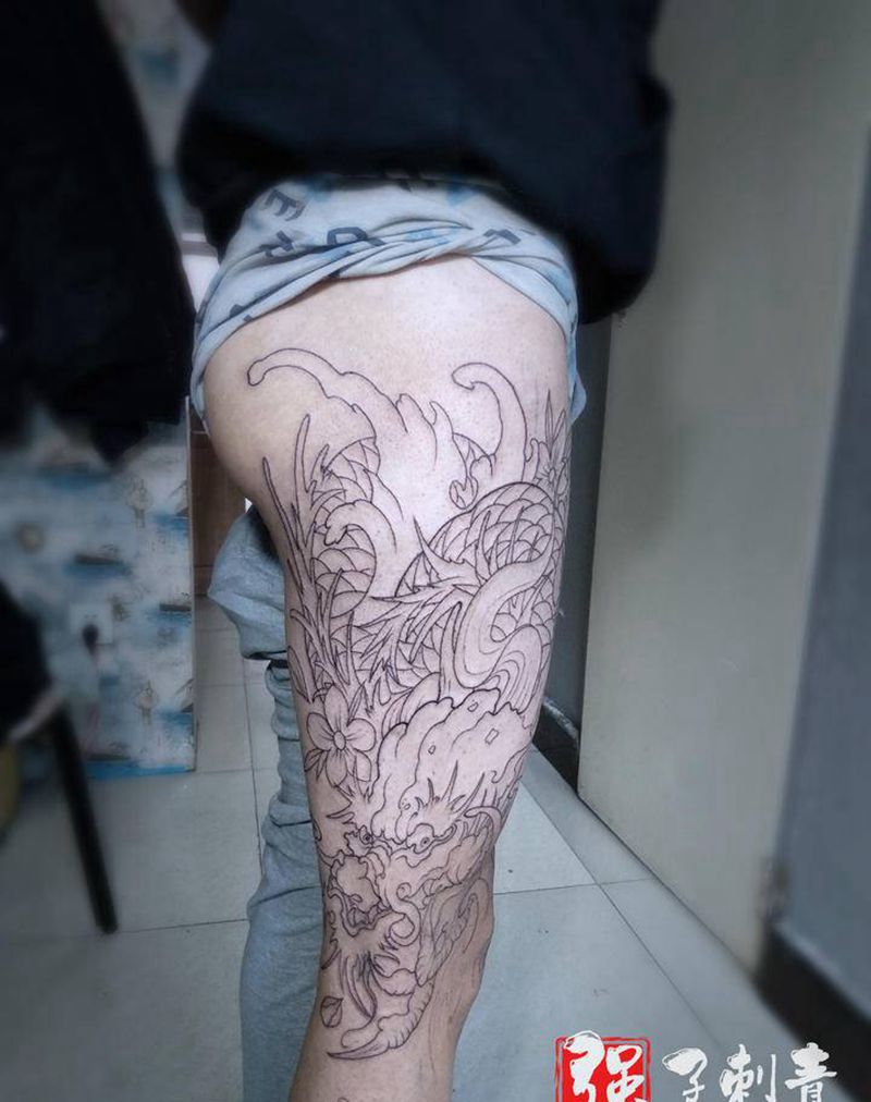 大腿龙线条纹身图片_腿部新传统纹身图案