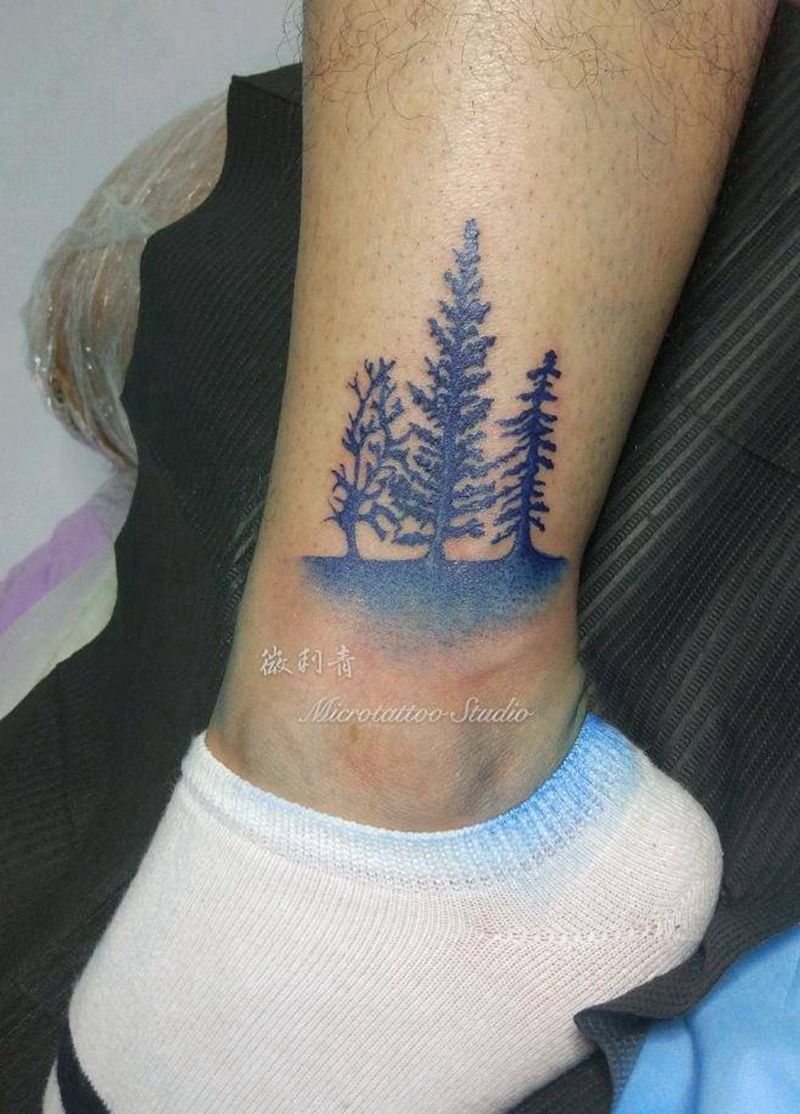 挪威森林纹身图片_腿部清新植物原创成品纹身图案