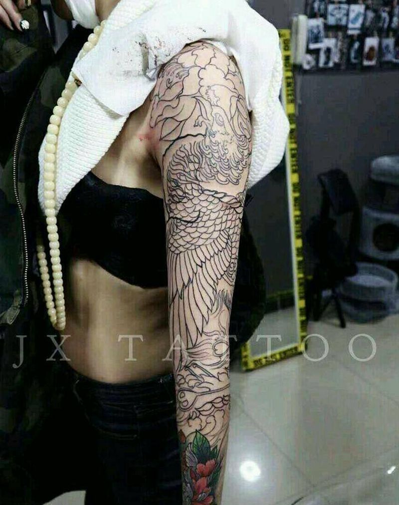 接花臂，凤凰割线纹身图片