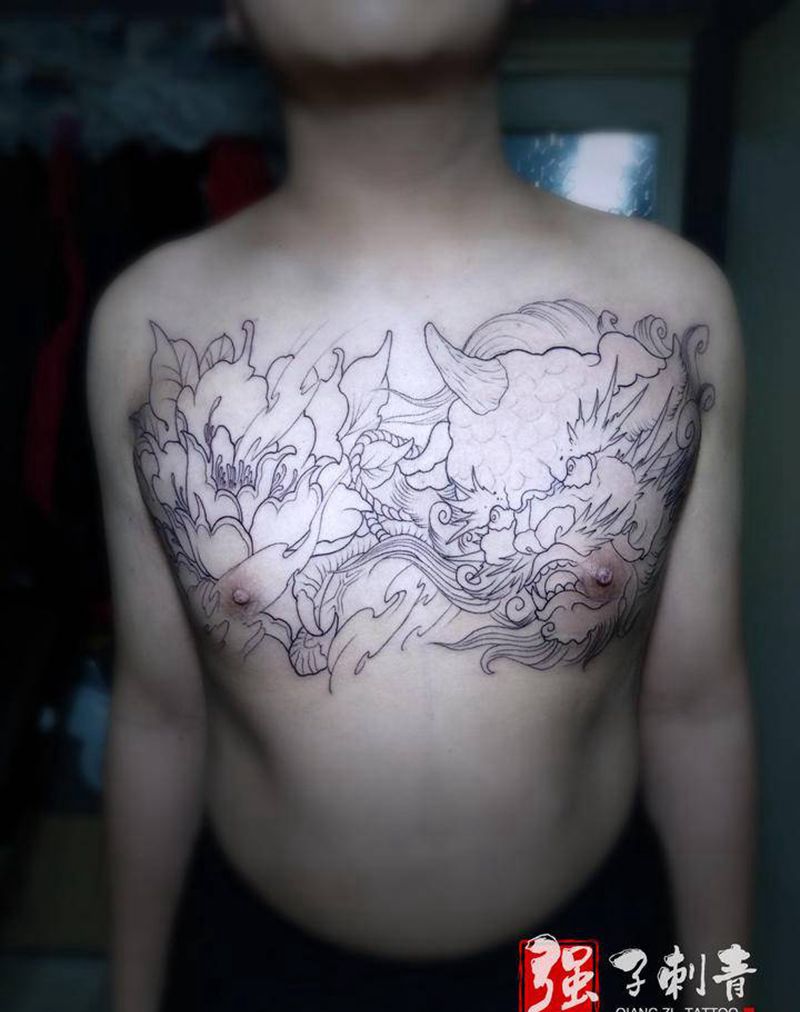 富贵唐狮线条纹身图片_胸部新传统割线牡丹纹身图案