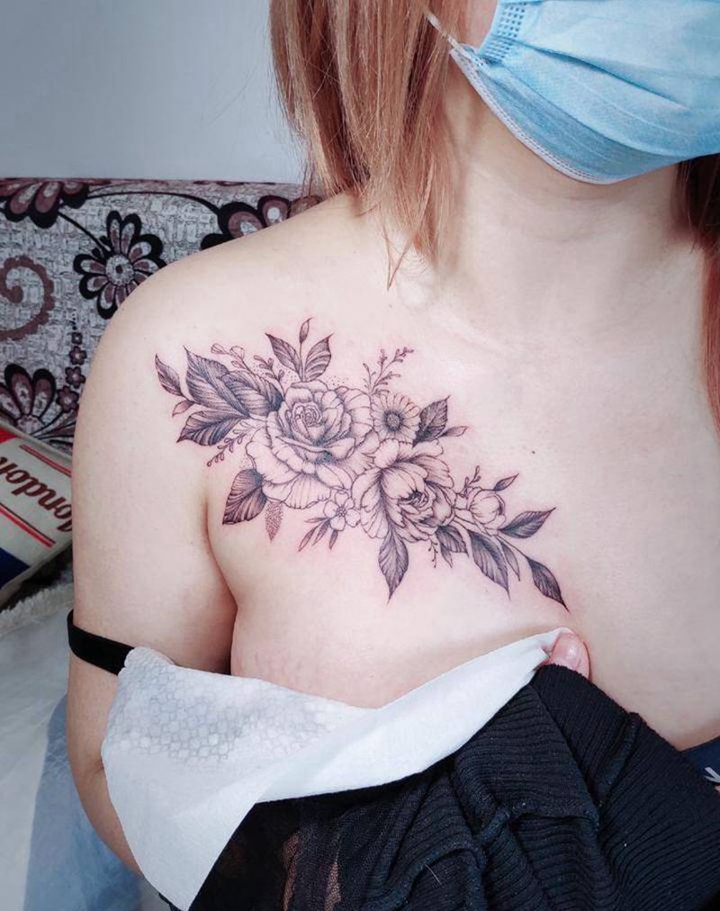 素花纹身图片_胸部点刺锁骨小清新素花纹身图案