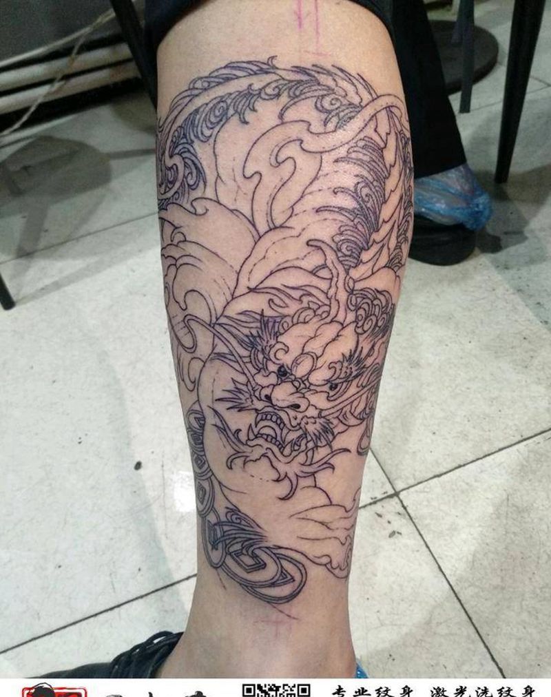 招财进宝貔貅割线纹身图片_腿部新传统割线纹身图案