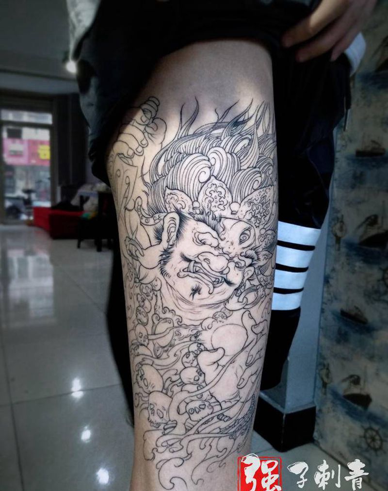 大黑天神线条纹身图片_腿部新传统纹身图案