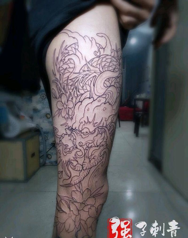 龙凤包大腿纹身图片_腿部新传统纹身图案