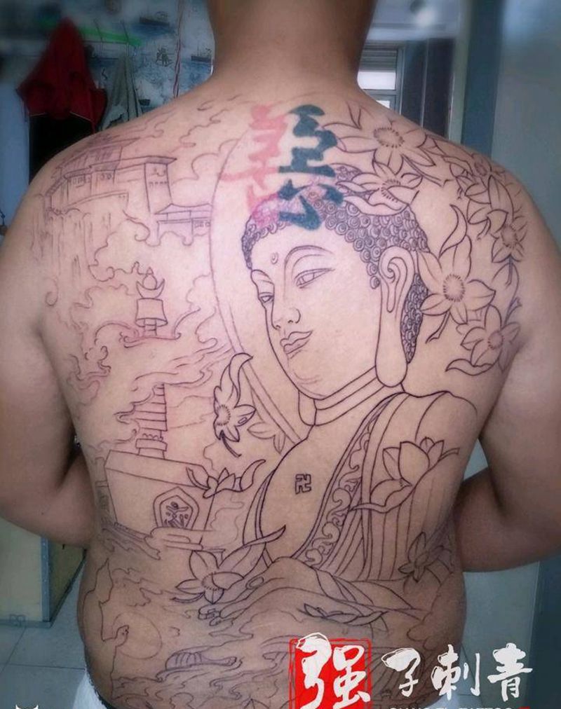 佛纹身图片_背部新传统割线纹身图案