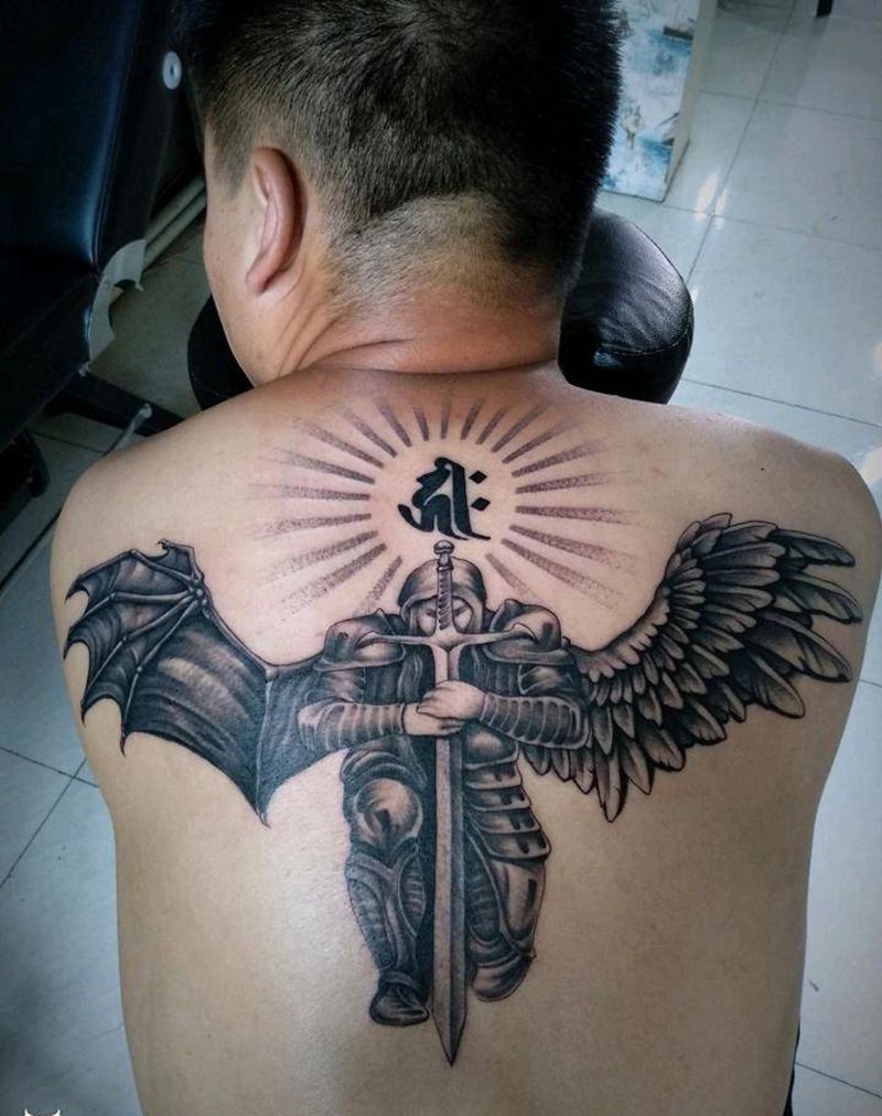 原创 恶魔天使《翅膀》纹身图片_肩部背部新传统原创纹身图案