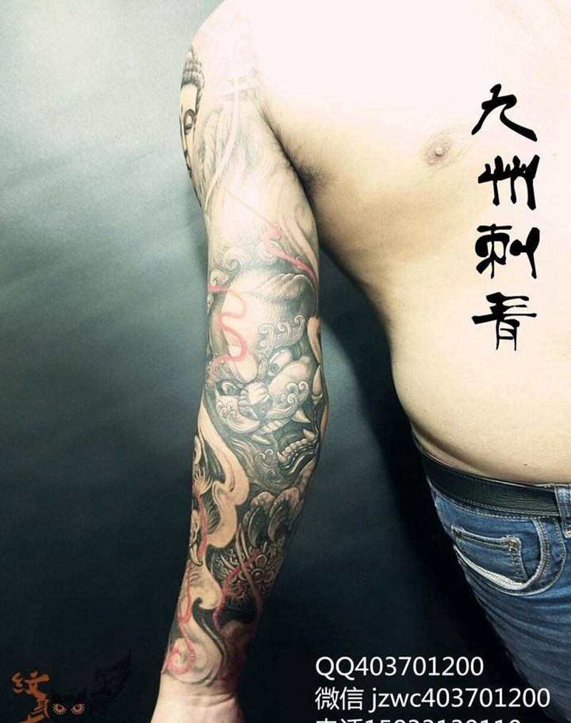 双狮花臂纹身图片