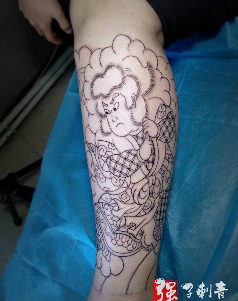 云龙九郎线条纹身图片_腿部老传统包小腿日式纹身图案